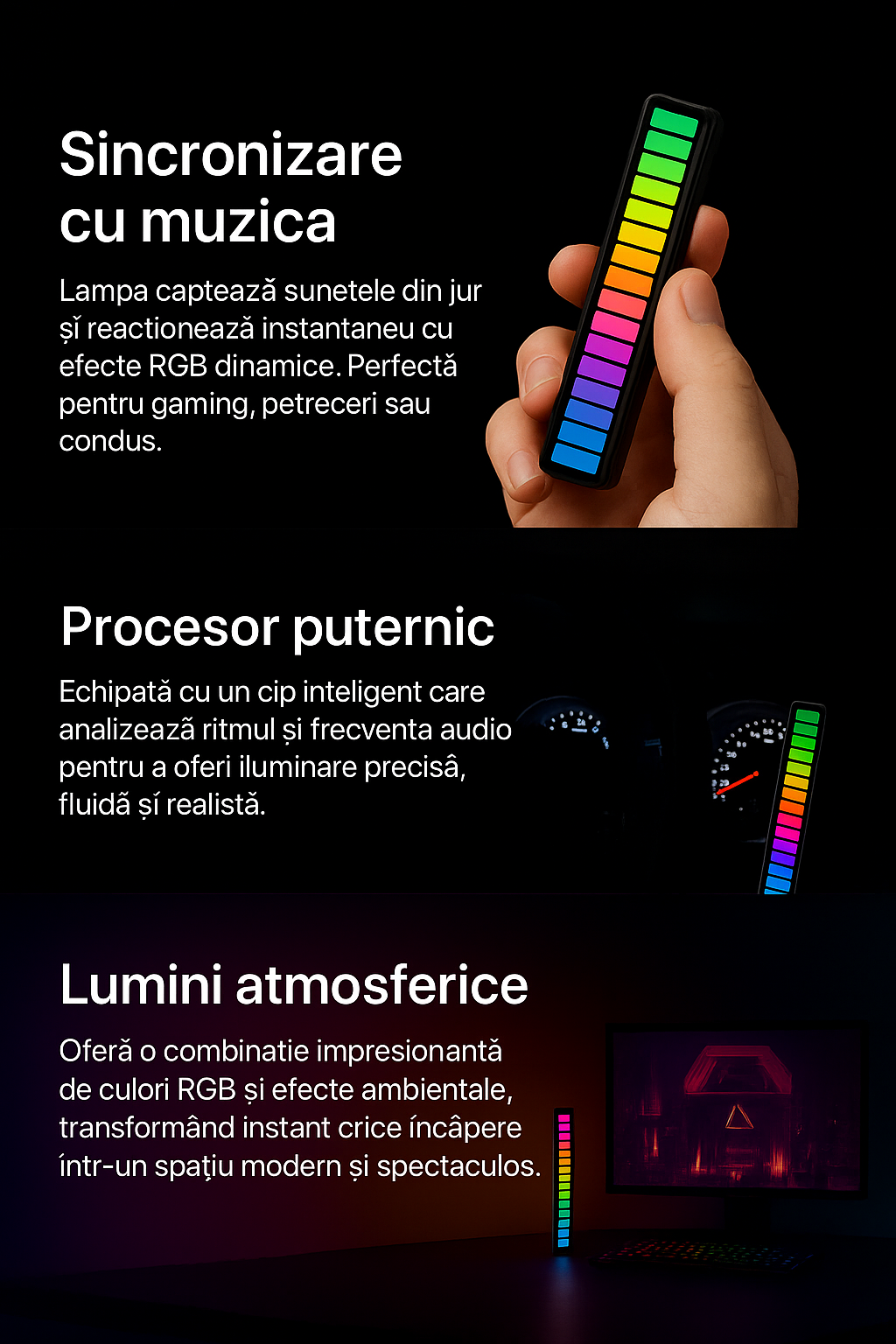 Lampa RGB cu control vocal, 18 moduri, LED, neagra